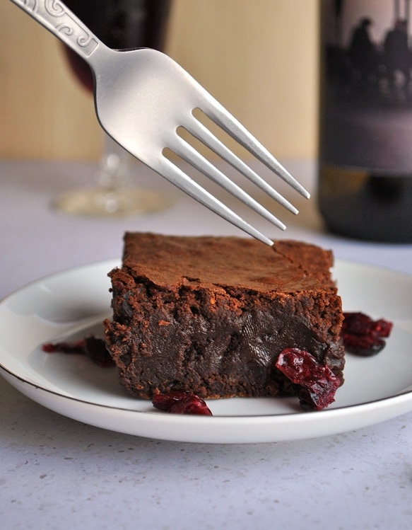 Rich and decadent Red Wine Brownies with Drunken Cranberries