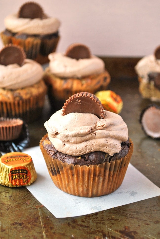 You won't be able to stop at just one of these marbled reeses peanut butter cupcakes