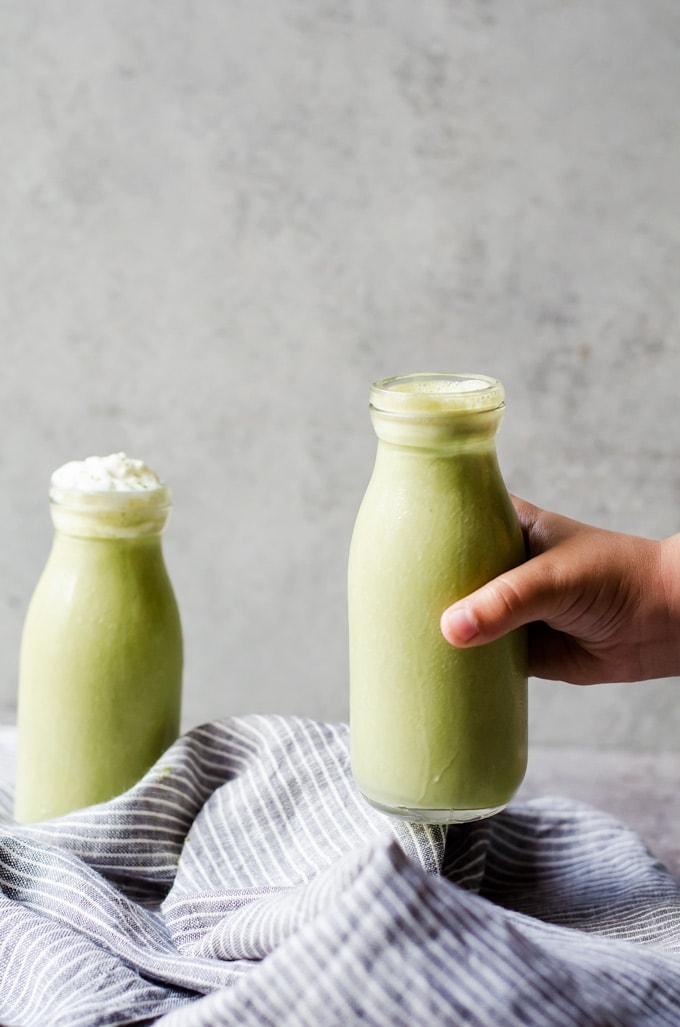 A tasty and irresistible matcha green tea milkshake. I love to chill out with one of these (with extra whipped cream obvs) on a hot summer day