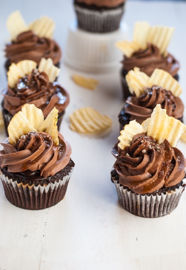 Incredible chocolate cupcake with coffee glaze, chocolate ganache, right chocolate buttercream, caramel drizzle, fleur de sel and potato chips. Heaven in a cupcake. 
