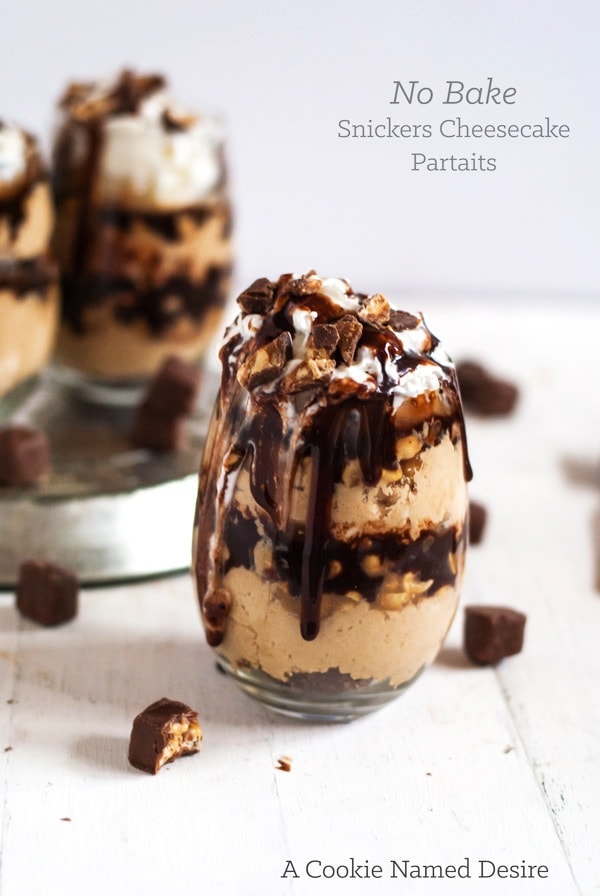 Snickers peanut butter cheesecake parfait. No-bake! 