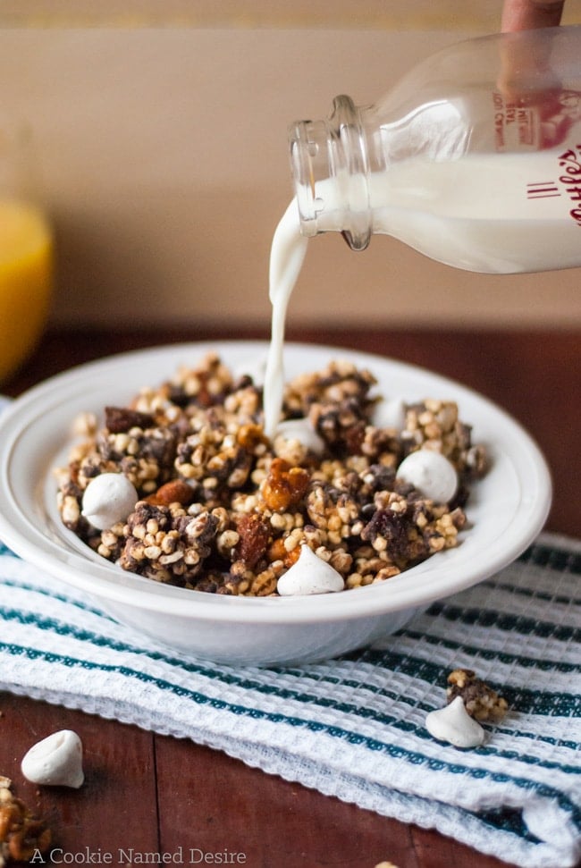 A ridiculously delicious chocolate nut cereal with candied chestnuts and marshmallowy meringue kisses