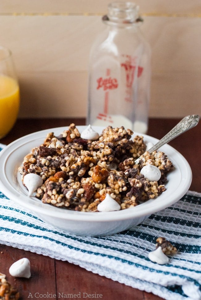 A ridiculously delicious chocolate nut cereal with candied chestnuts and marshmallowy meringue kisses