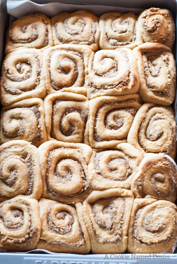 Sticky rolls with a pecan bourbon maple filling and eggnog glaze - perfect for the holidays! 