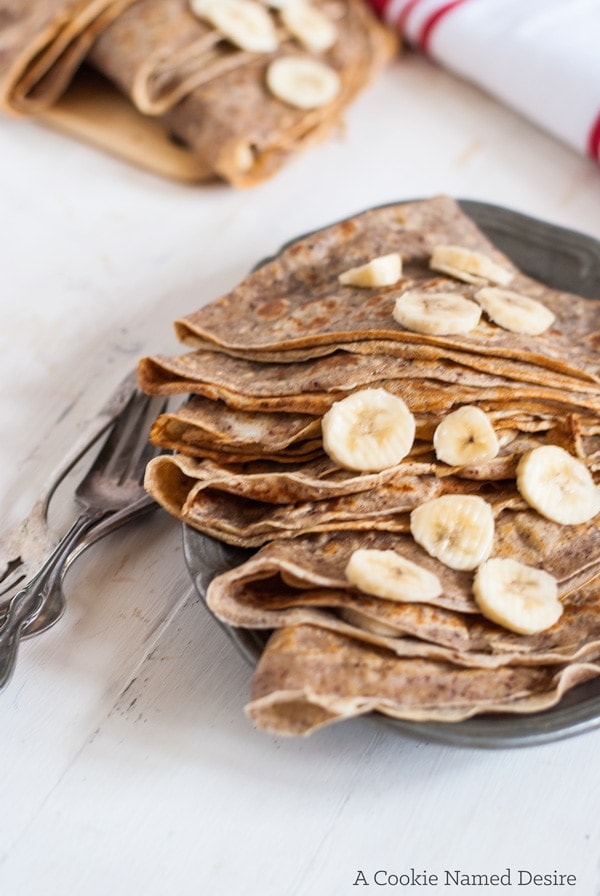 Simple cinnamon sugar hazelnut crepes. Lightly sweet and nutty. These hazelnut crepes are perfect for stuffing with chocolate and fruit. 