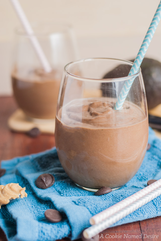 A creamy, rich avocado chocolate peanut butter smoothie that is healthy but tastes indulgent.