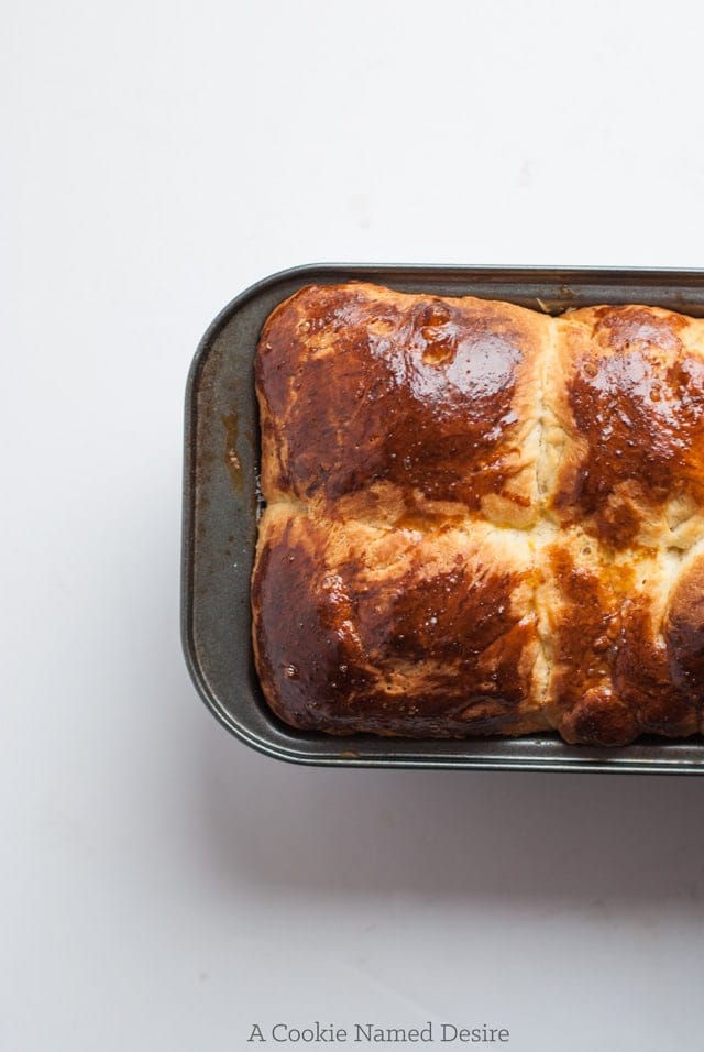 Overhead close up of loaf in pan