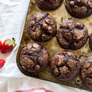 A rich, incredibly moist chocolate covered strawberry muffin with graham flour