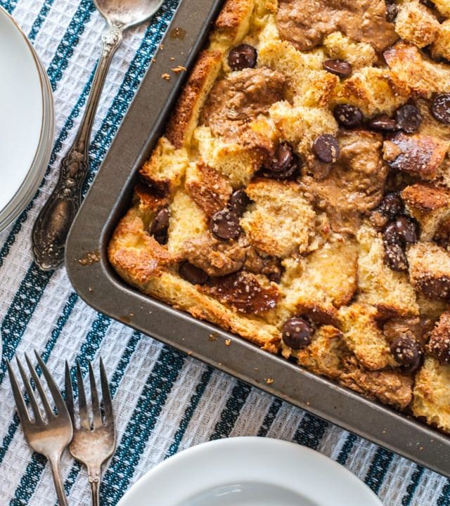 A delicious and decadent brioche cookie butter and chocolate chip French toast