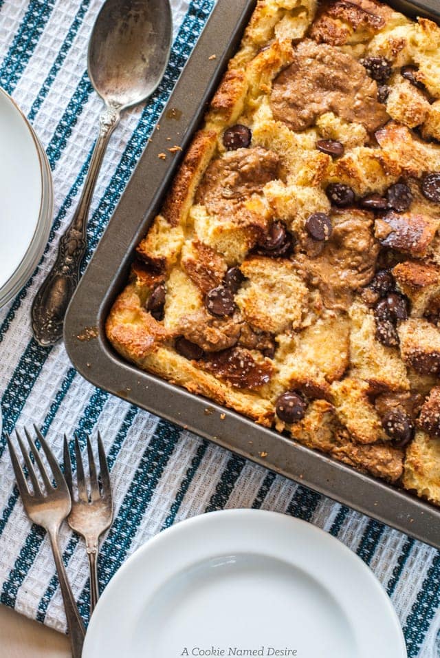 A delicious and decadent brioche cookie butter and chocolate chip French toast