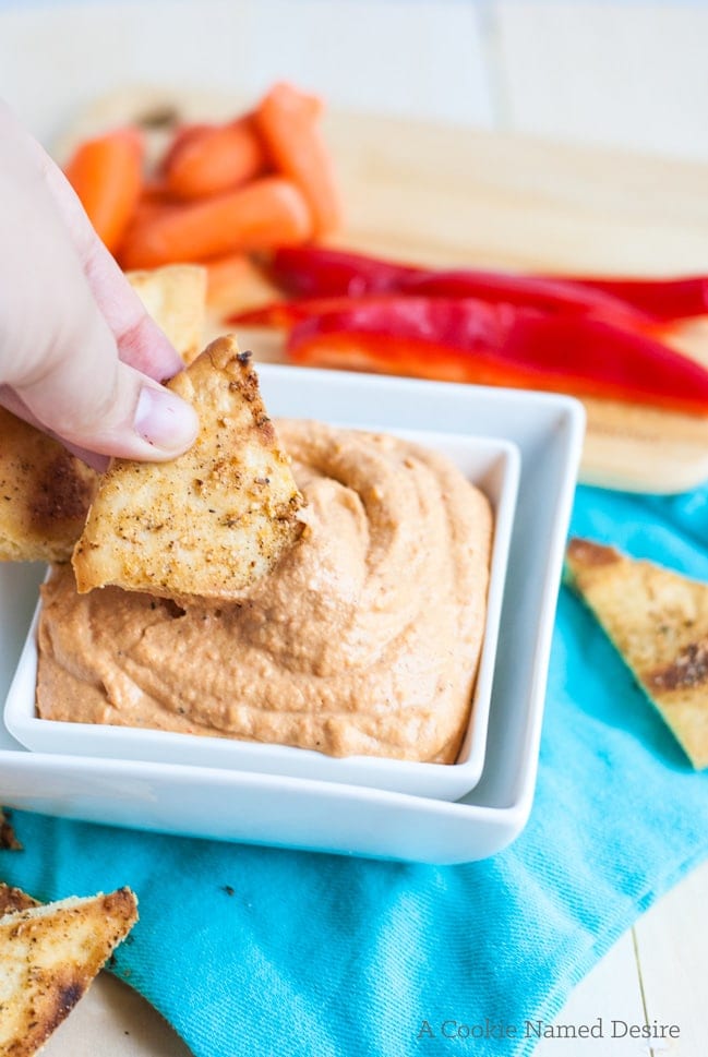 Creamy roasted red pepper hummus and pita chips