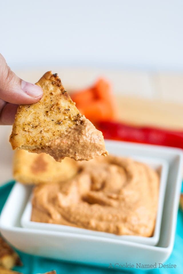 Spiced pita chips and super cream roasted red pepper hummus
