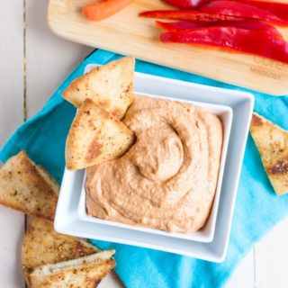 The creamiest roasted red pepper hummus with spiced pita chips