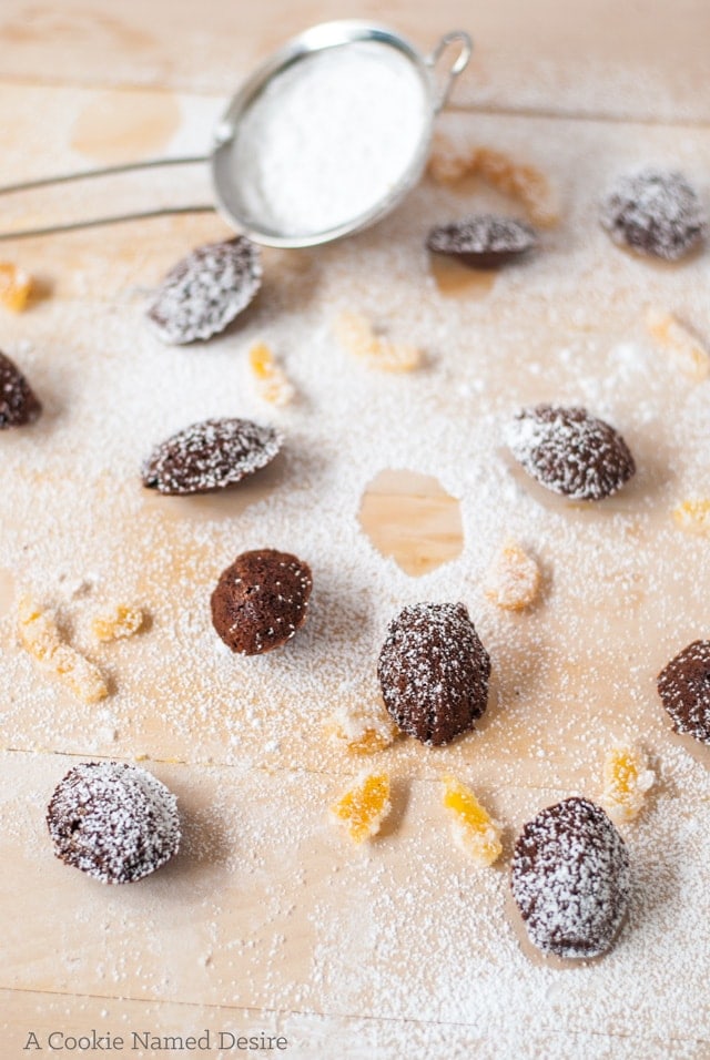 You are going to fall in love with these mini madeleines with chocolate, chili and candied grapefruit