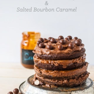 Brownie cake with chocolate malt frosting and caramel sauce