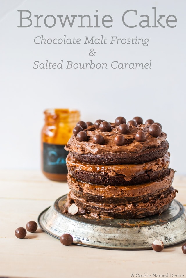 Brownie cake with chocolate malt frosting and caramel sauce