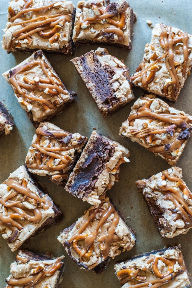 Chocolate peanut butter pretzel crust brownies