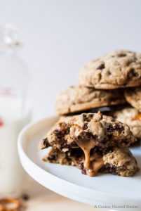 chocolate chip cookies stuffed with beer and pretzel caramels