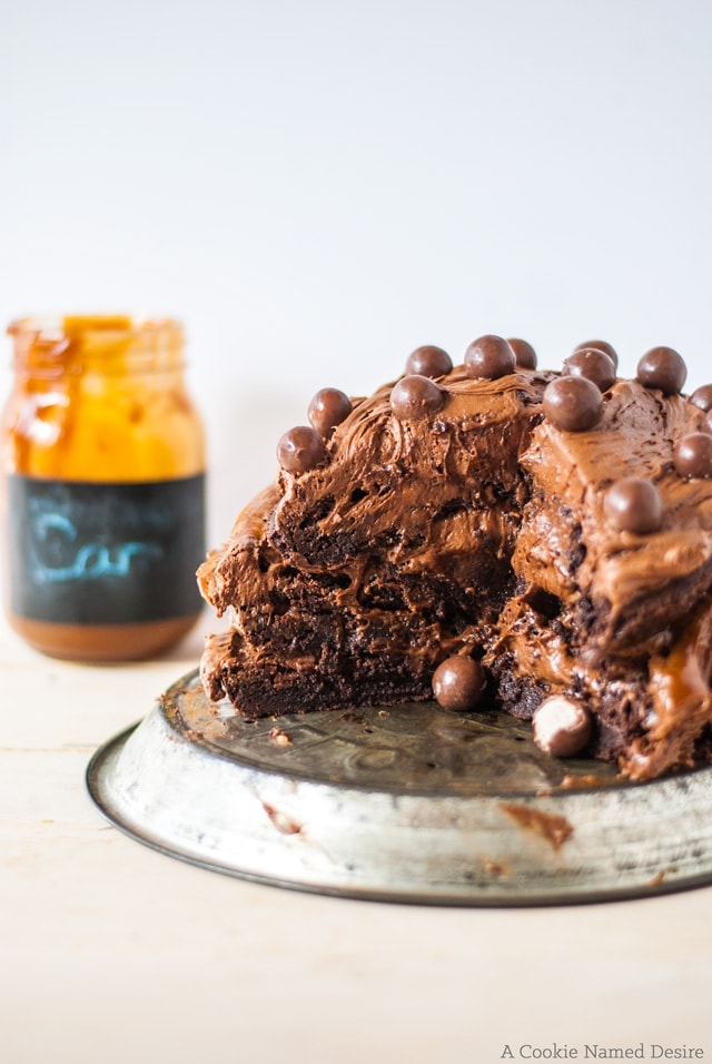 A fudgy, gooey brownie cake with chocolate malt frosting and caramel sauce