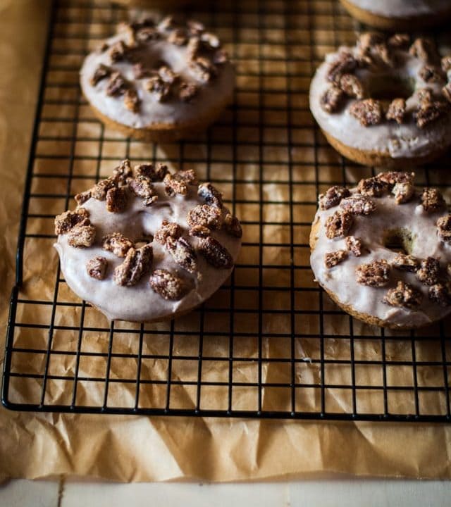triple cinnamon brown butter doughnuts with candied cinnamon pecans