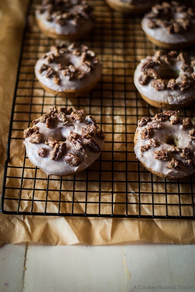 triple cinnamon brown butter doughnuts with candied cinnamon pecans