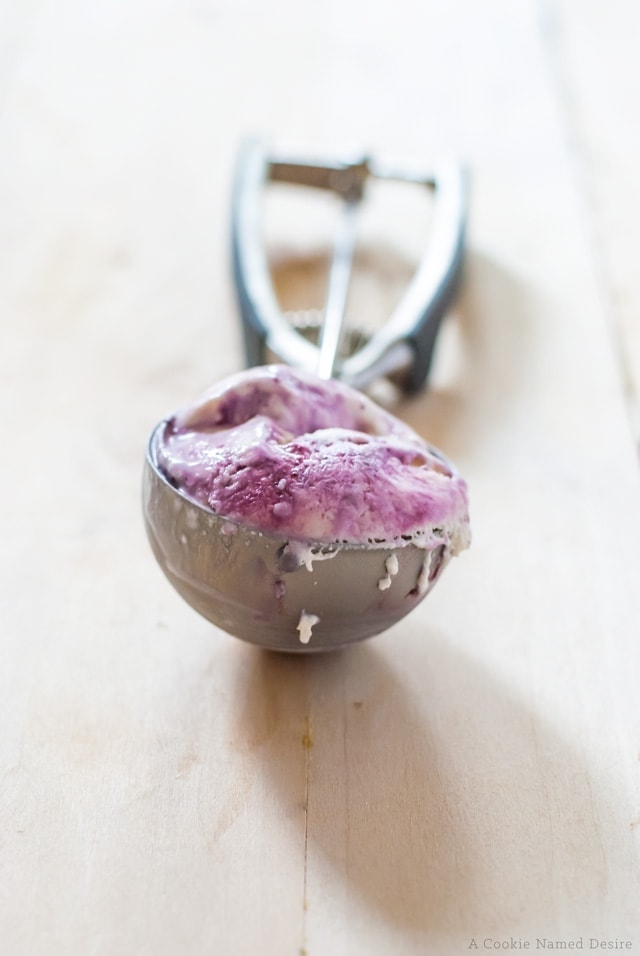 Cheesecake ice cream with blueberry & red wine swirl
