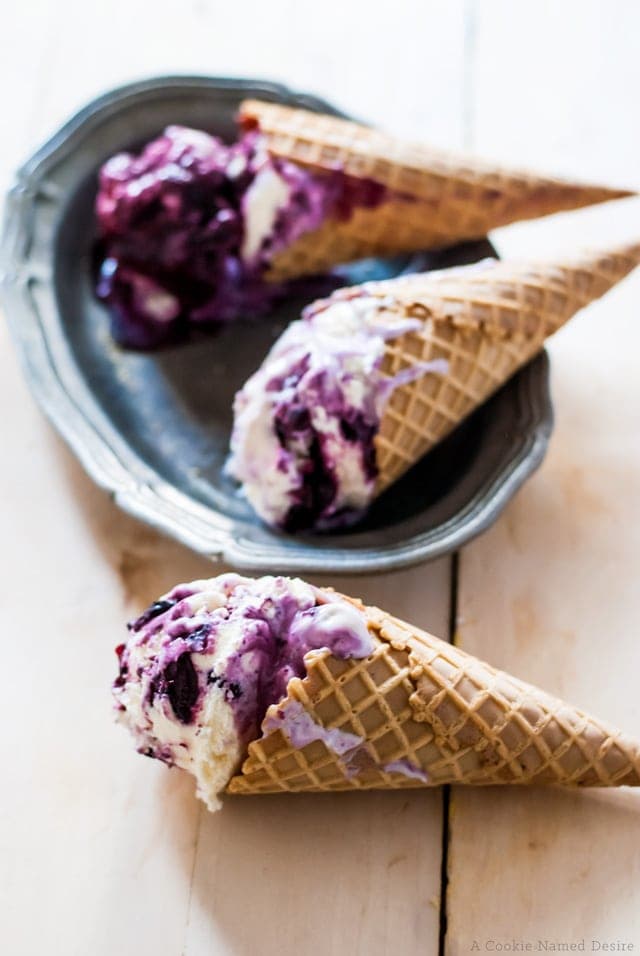 Cheesecake ice cream with blueberry & red wine swirl