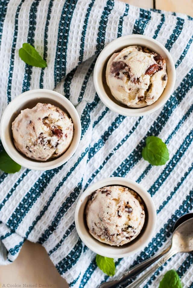 Bring in summer with this creamy mint chocolate chip gelato with dark chocolate almonds