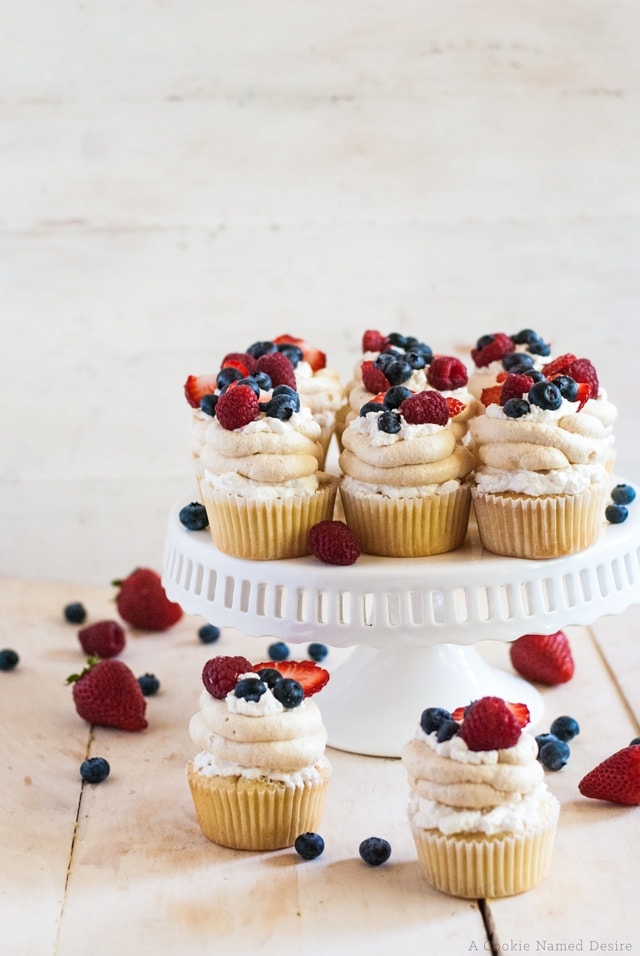 Pavlova cupcakes with honey-sweetened whipped cream