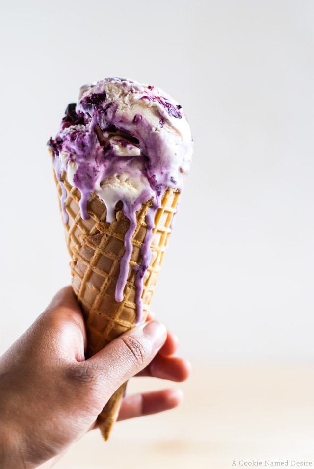 A wonderfully indulgent cheesecake ice cream with a blurberry wine swirl