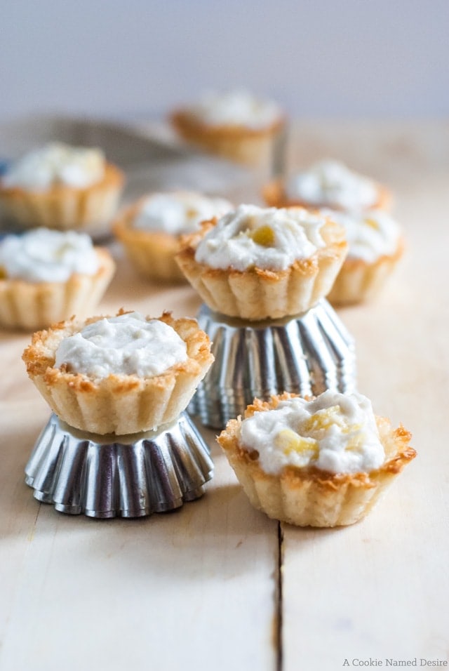 Macaroon tarts with ginger coconut whipped cream and pineapple