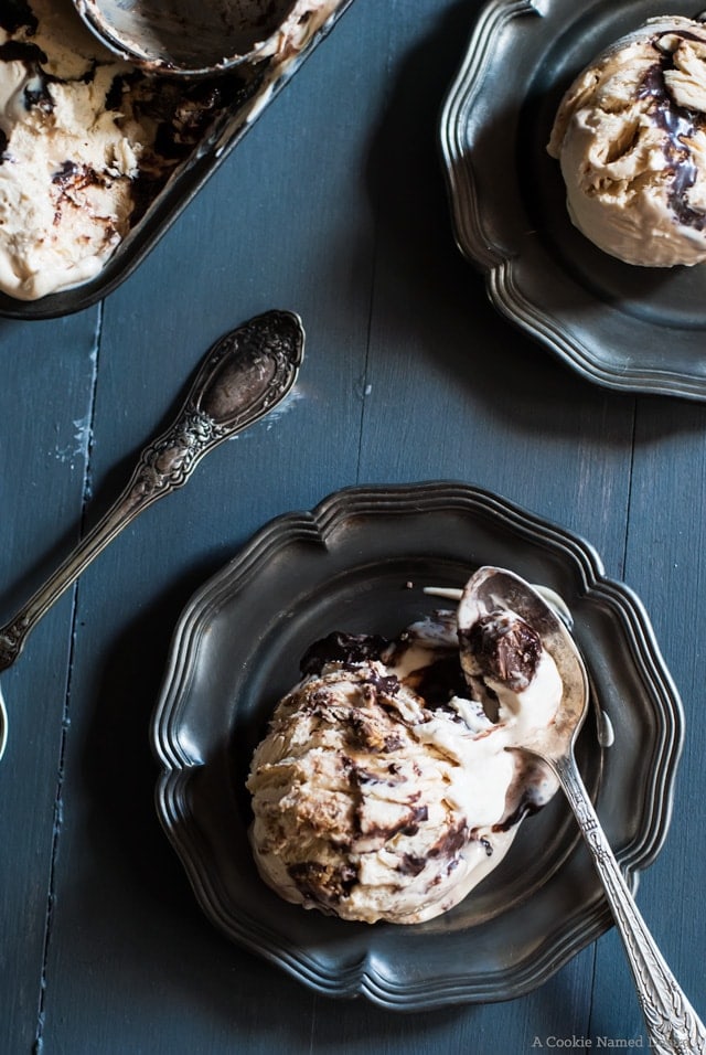 Scoops of ice cream on plate with spoon