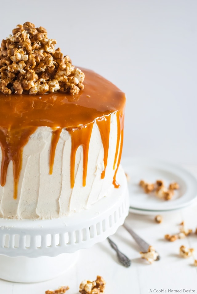 spicy bourbon caramel and vanilla bean cake with bourbon peach compote