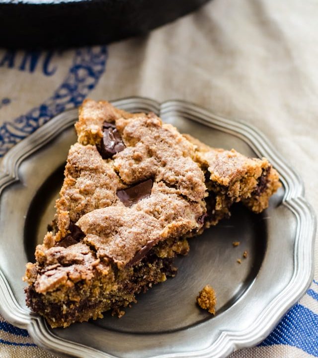 Chocolate almond skillet cookie. A crispy on the outside, chewy on the inside cookie with a layer of melted chocolate in the middle. The ultimate chocolate chip cookie
