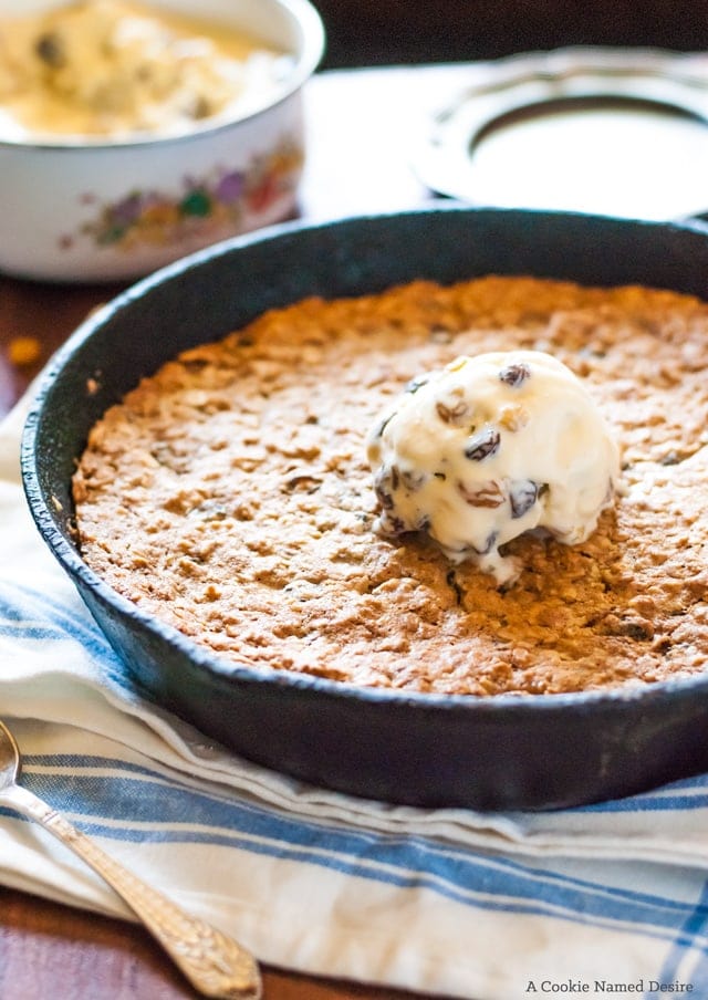 Rum raisin ice cream and rum raisin oatmeal skillet cookie