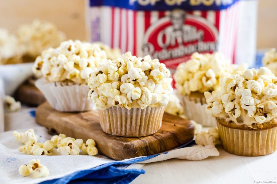 Brown Butter Salted Caramel Cupcakes with Orville Movie Theatre Popcorn
