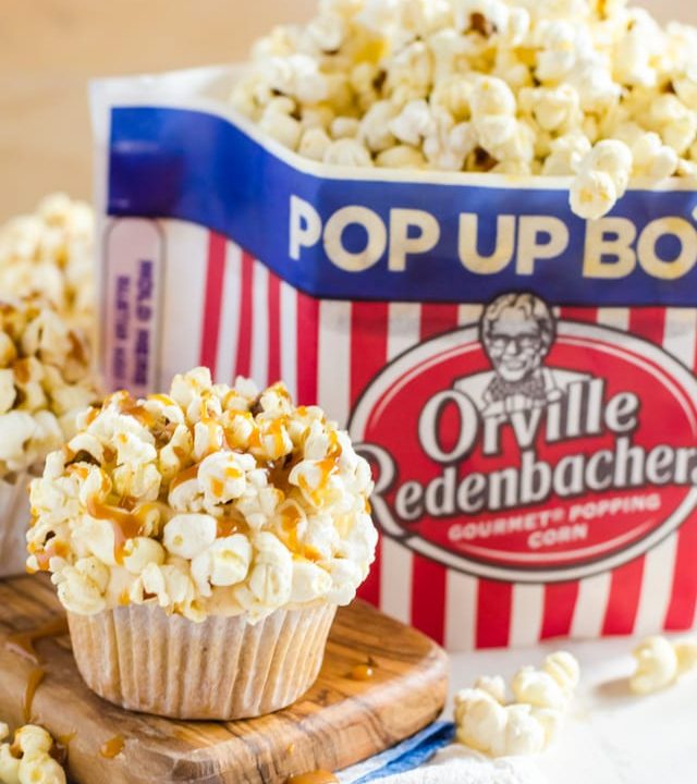 Brown Butter Cupcakes with Salted Caramel Frosting and Popcorn