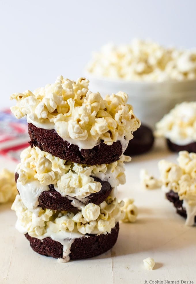  rich red velvet doughnuts with marshmallow and popcorn