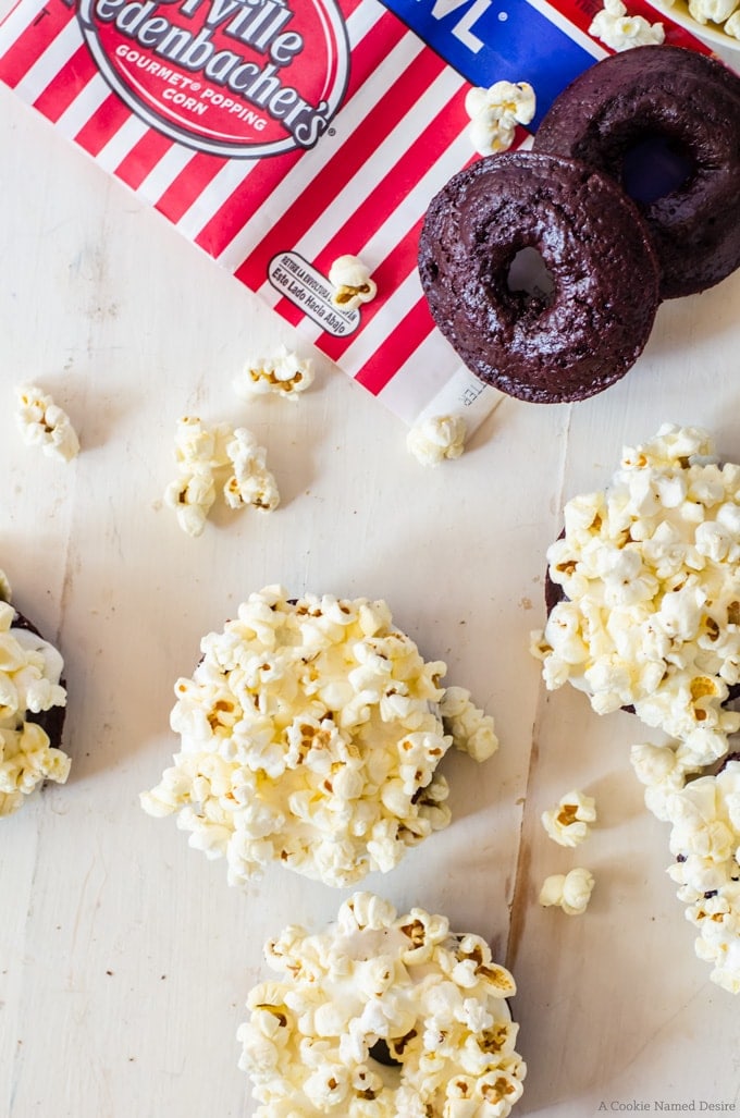 red velvet doughnuts with gooey marshmallow and popcorn