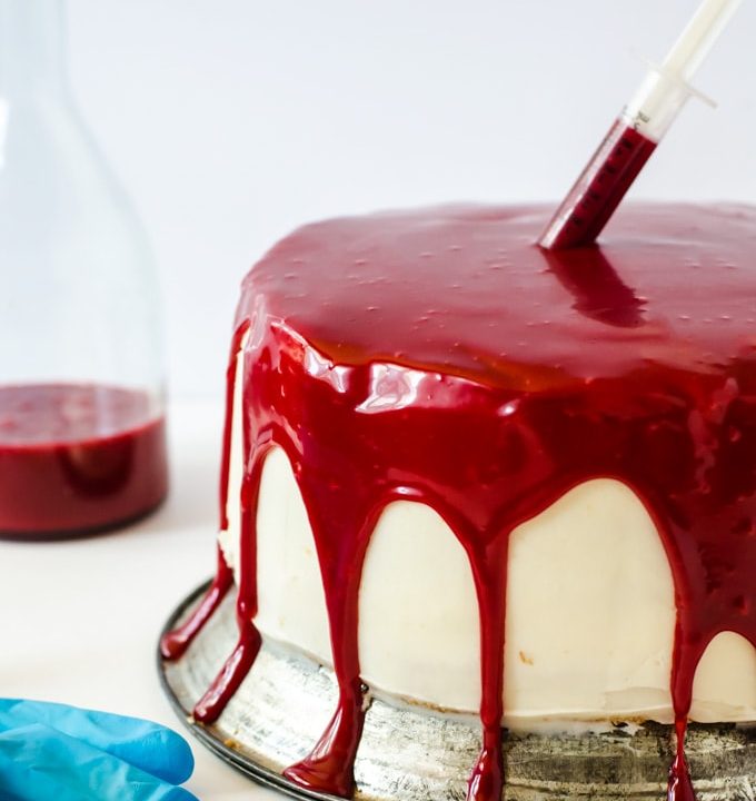 Deliciously gory white cake with a bloody red ganache