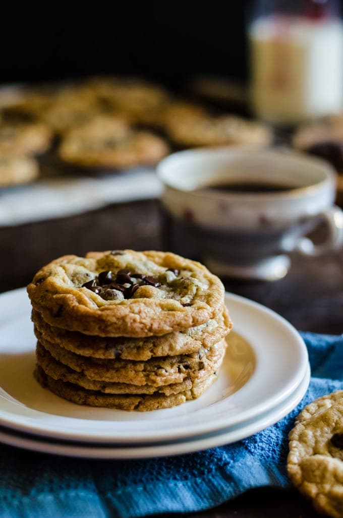 chocolate chip cookies stacked on a plate