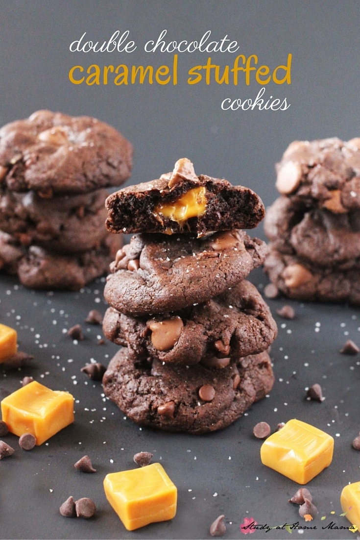 double chocolate chip caramel stuffed cookies