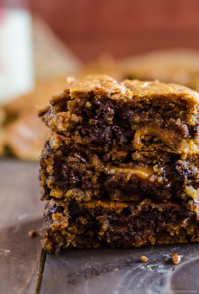 Pumpkin blondies with chocolate chunks and caramel