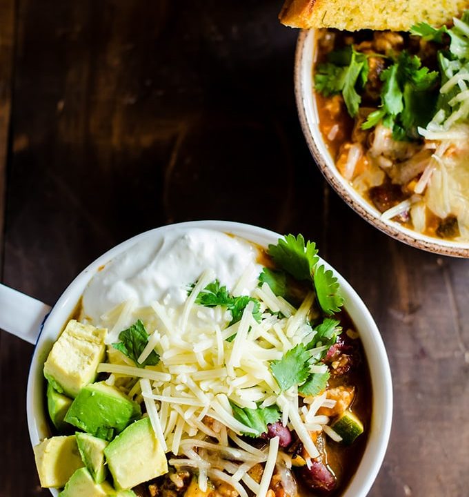 A healthy and hearty pumpkin chili with ground turkey and a ton of veggies
