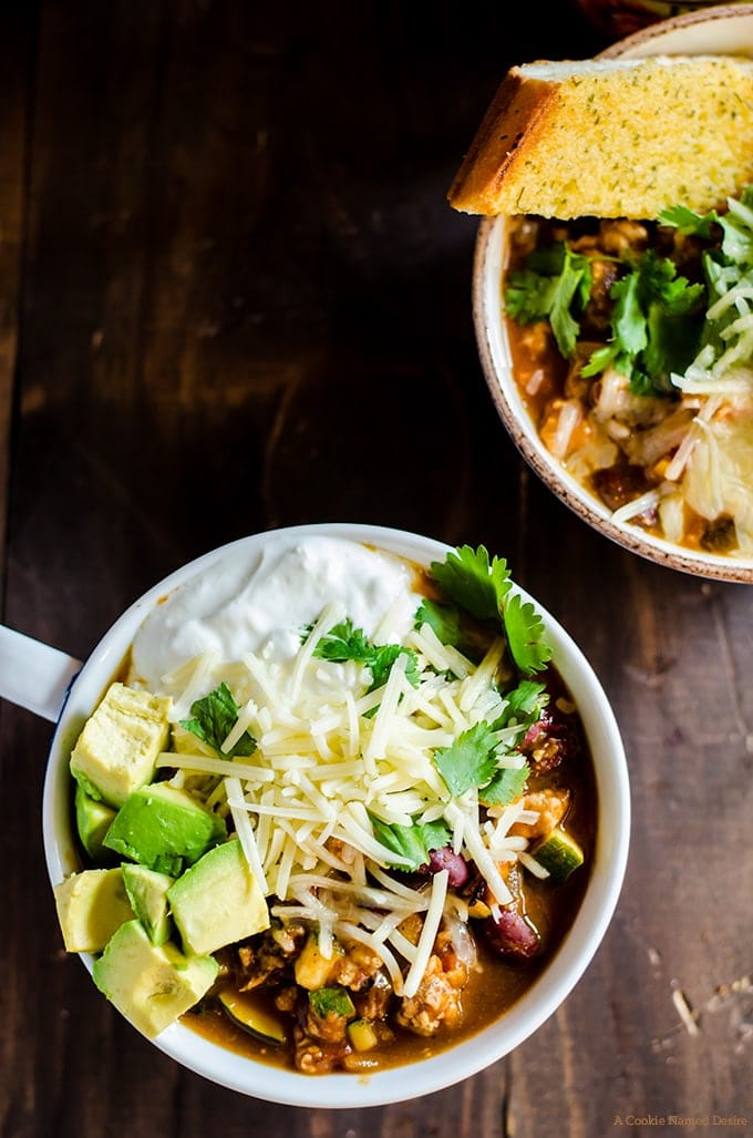 A healthy and hearty pumpkin chili with ground turkey and a ton of veggies