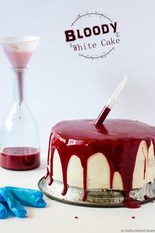 bloody white cake with red white chocolate ganache