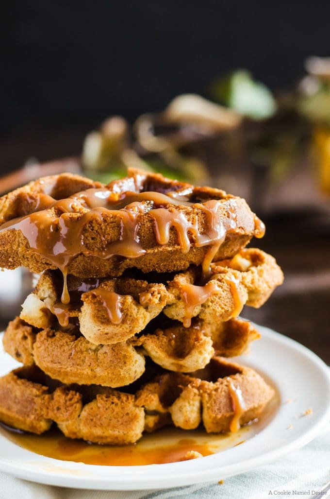 Apple bread waffles covered in salted caramel and maple syrup