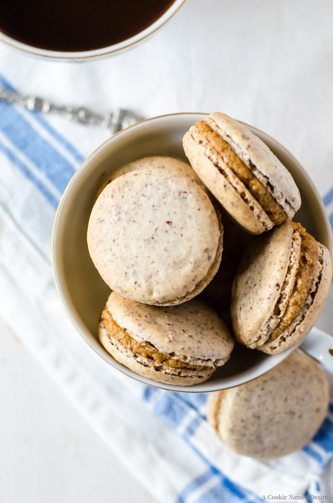 Coffee cardamom macarons with hazelnuts. Your morning coffee just got better! 