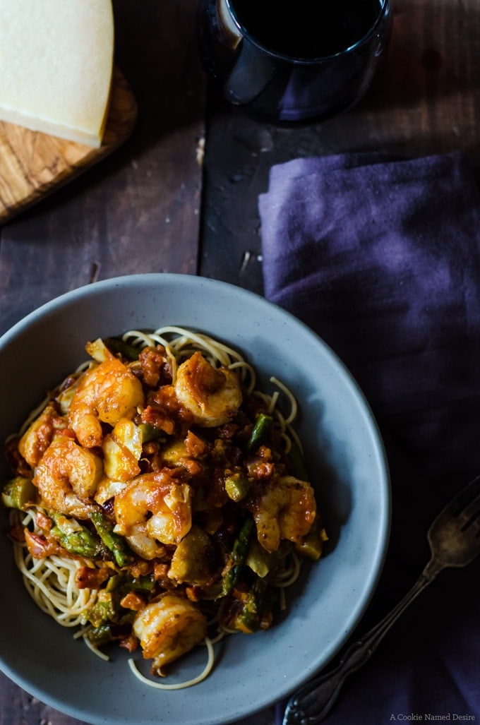 Shrimp and pancetta spaghetti