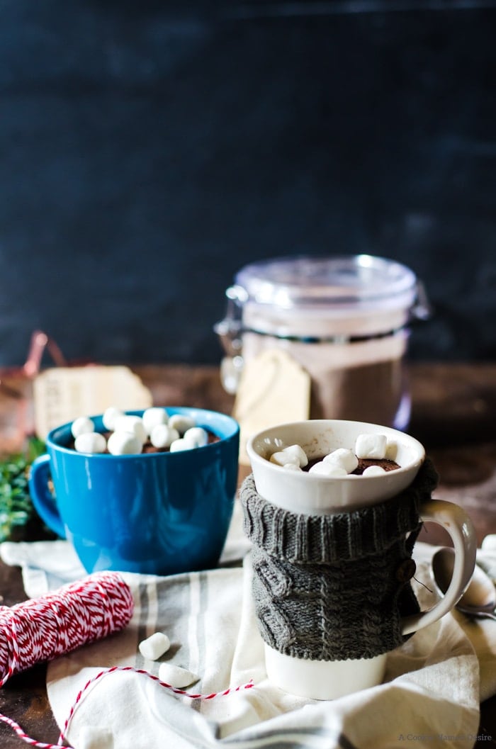 hot chocolate mug cake in cozy mugs with sweaters